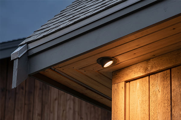 Close-up of a concealed under eave light fixture